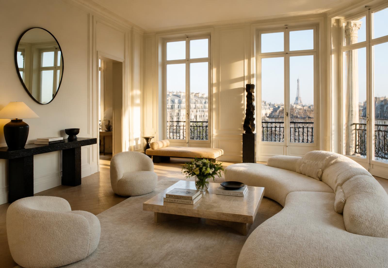 Salon d'un appartement haussmannien haut de gamme baigné de lumière